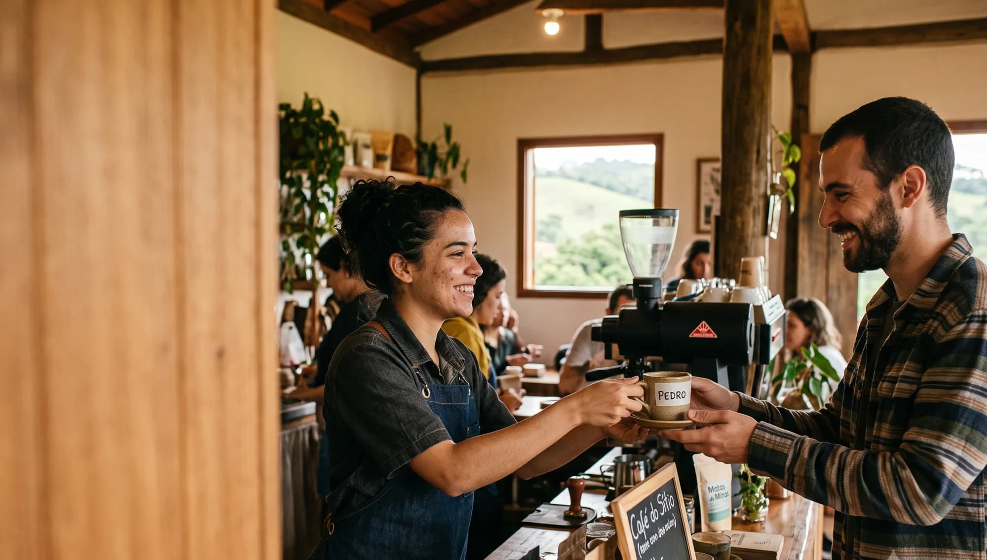 Barista entregando o café no balcão a um cliente que já tinha pedido pelo celular