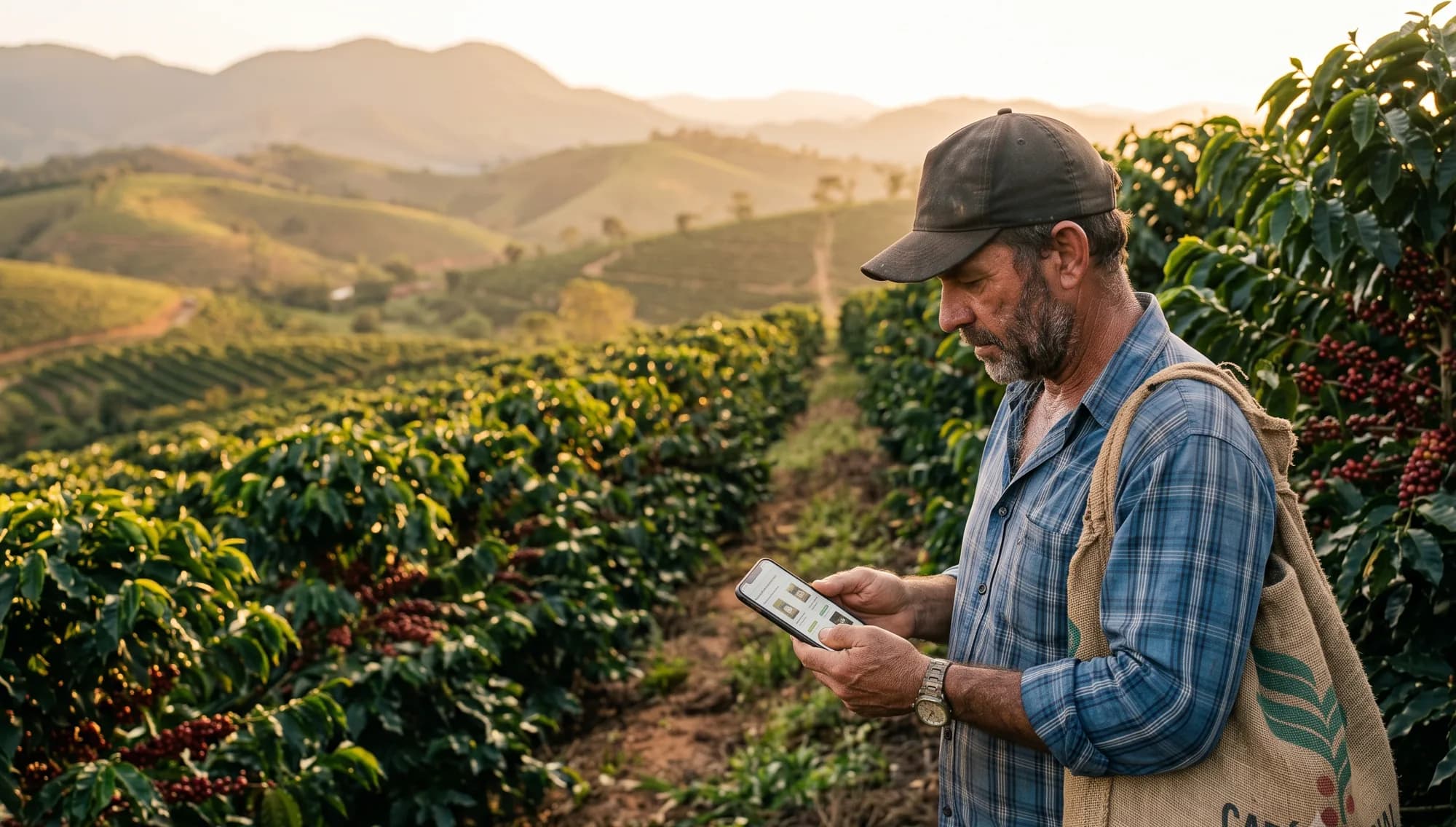 Produtor no meio da lavoura de café conferindo o celular, com a saca no ombro