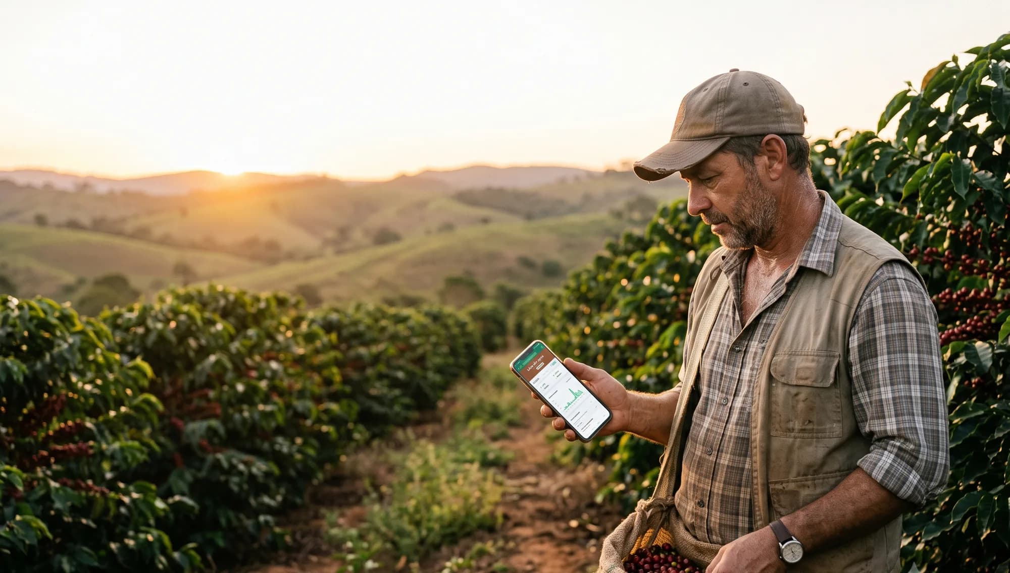 Produtor de café conferindo o painel da loja no celular, no meio da lavoura ao pôr do sol