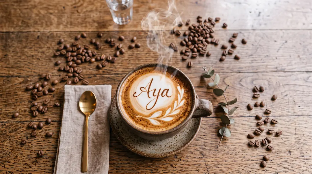 Cappuccino com latte art sobre balcão de madeira