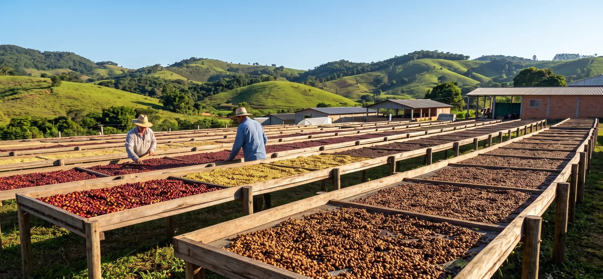 Terreiros suspensos de secagem de café com trabalhadores e montanhas ao fundo, nas Matas de Minas