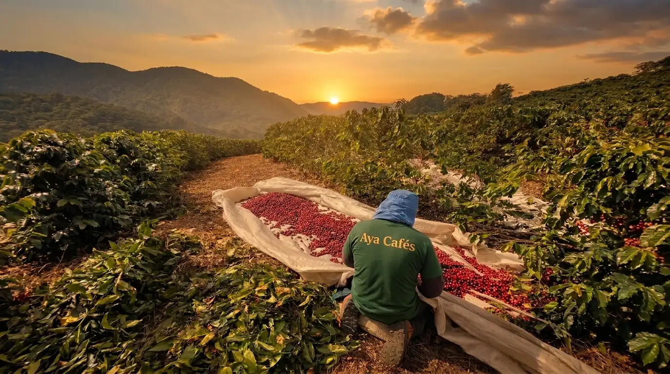 Produtor secando café no terreiro ao pôr do sol, nas Matas de Minas