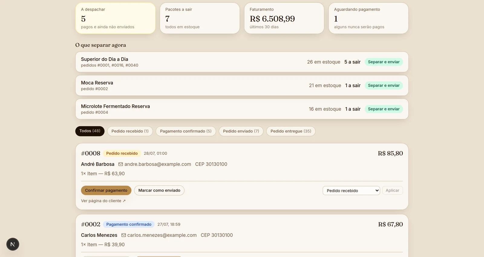 Painel de pedidos da Aya: fila de despacho, faturamento e status de cada pedido