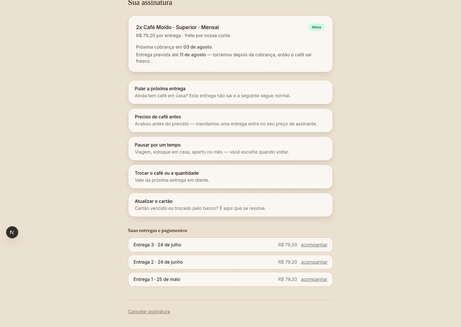 Portal do assinante: plano ativo, próxima cobrança e ações de pular, pausar e trocar o café